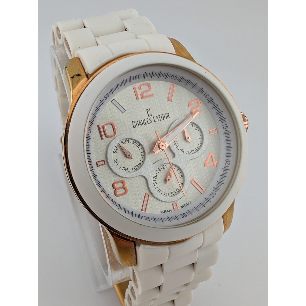 Charles‎ Latour Chronograph Watch Women 39mm Case 6.5" White Band- New Battery